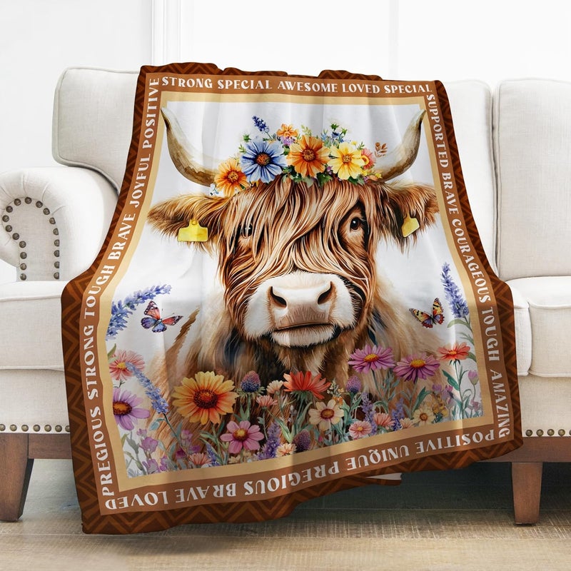 Levens Highland Cow Blanket Gifts Daisy Floral Highland Cow Throw Blankets, Lightweight Soft Cozy Flannel Throw Gifts for Highland Cows Lovers Women Kids Adults Teens for Couch Sofa Bed Decor 60"X50" - Image 1